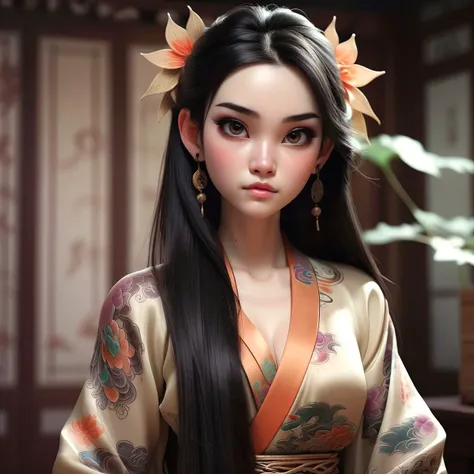 masterpiece, 1 cute girl, lady dragon, silk clothes, delicate skin texture, natural skin grain,fair skin, very long dark hair, traditionnal tattoos, colorful,