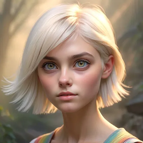 masterpiece, photorealistic, sharp, 1 english girl, delicate skin texture, natural skin grain,fair skin, light chocolat eyes, platinum blonde razor cut hair, colorful, dawn, eerie mist