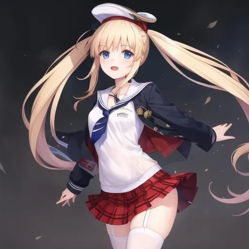 (masterpiece, best quality:1.2),illustration,8k,hd,1girl,solo,ardent (azur lane),cowboy shot,asymmetrical hair,black footwear,blonde hair,blue eyes,clothes writing,eyebrows,eyebrows visible through hair,hat,jacket,loafers,long hair,miniskirt,necktie,plaid,plaid skirt,pleated skirt,red neckwear,red skirt,sailor hat,skirt,twintails,white hat,white legwear,zettai ryouiki,<lora:Ardent(azur):0.8>,