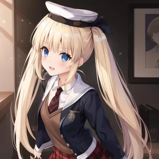 (masterpiece, best quality:1.2),illustration,8k,hd,1girl,solo,upper body,(portrait:1.2),ardent (azur lane),asymmetrical hair,black footwear,blonde hair,blue eyes,clothes writing,eyebrows,eyebrows visible through hair,hat,jacket,loafers,long hair,miniskirt,necktie,plaid,plaid skirt,pleated skirt,red neckwear,red skirt,sailor hat,skirt,twintails,white hat,white legwear,zettai ryouiki,<lora:Ardent(azur):0.8>,