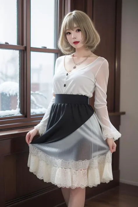 ltra-detailed,highly detailed,best quality,masterpiece,illustration,realistic,photorealistic,
takagaki kaede, 1girl, solo, cosplay, mole under eye,
shirt, coat, long skirt, long sleeves, fringe trim, necklace, see-through,  sleeves past elbows, high-waist skirt, see-through silhouette,
short hair, bangs, blonde hair, 
looking at viewer, cowboy shot, skirt hold, standing, 
indoors, photo background, window, snow, snowing, chair, winter, 
<lora:takagaki kaede_v1_02:0.6>