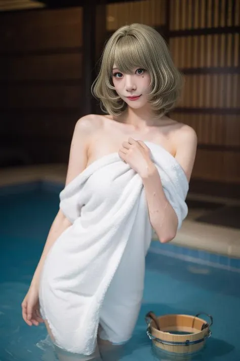 ltra-detailed,highly detailed,best quality,masterpiece,illustration,realistic,photorealistic,
takagaki kaede, 1girl, solo, cosplay, mole under eye,
towel, naked towel, bare shoulders,
short hair, bangs, blonde hair,
looking at viewer, cowboy shot, standing,
indoors, photo background, onsen, water, wet, wooden fence, bucket, wooden bucket, steam,
<lora:takagaki kaede_v1_02:0.99>