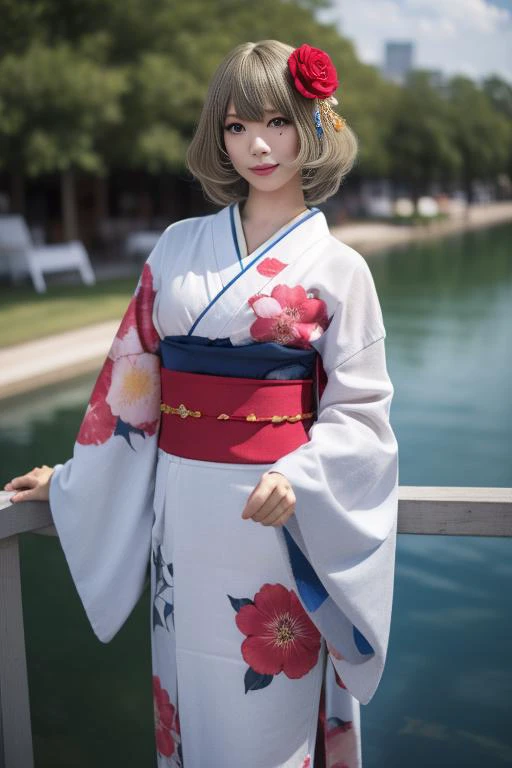 Hakama skirt, 1girl in, 独奏, plein air, Cute model girl, Kimono, with floral pattern, hair adornments, Hakama, looking at the viewers, flower in hair, Brown-eyed,Silky ash blonde、 bangss, masterpiece, top-quality, realisitic