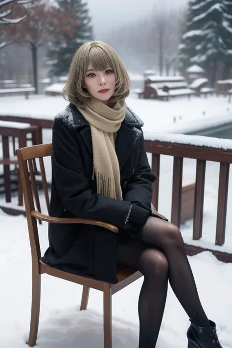 ltra-detailed,highly detailed,best quality,masterpiece,illustration,realistic,photorealistic,
takagaki kaede, 1girl, solo, cosplay, mole under eye,
scarf, coat, winter clothes, long sleeves, fringe trim,
short hair, bangs, blonde hair,
looking at viewer, sitting, crossed legs,
outdoors, photo background,snow, snowing, chair, winter,
<lora:takagaki kaede_v1_02:0.6>