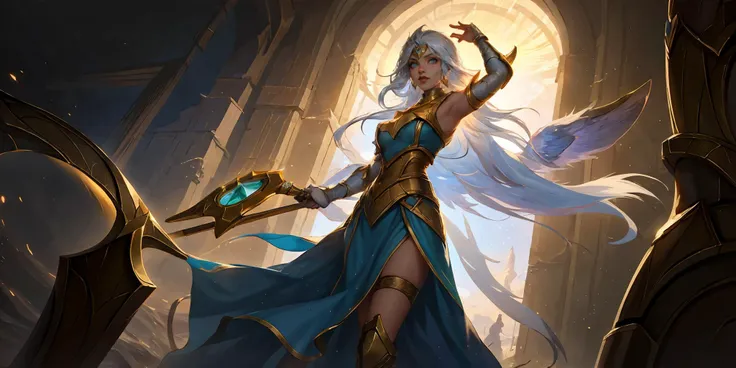 HEZI,LOL,\(lol style\),game cg,1girl,blue eyes,wings,holding,lux (league of legends),staff,weapon,breasts,bare shoulders,medium breasts,armlet,looking at viewer,dress,armor,white hair,long hair,backlighting,solo focus,<lora:çåç³»åââLOLç¾å®£æ°å´è´¨æ(æçç):0.65>,