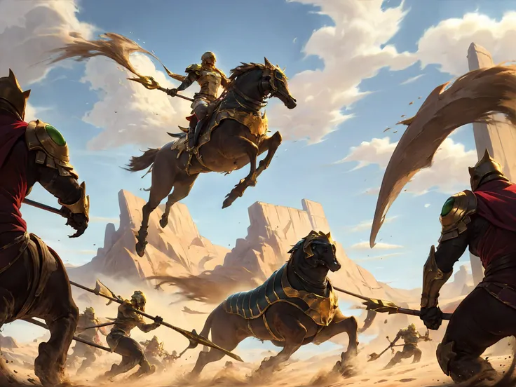 HEHEZI,LOL,\\\(lol style\\\),game cg,weapon,armor,polearm,battle,taur,helmet,holding,holding weapon,sky,outdoors,multiple boys,spear,centaur,sword,full armor,desert,samus aran,shoulder armor,axe,day,holding polearm,claws,smoke,horse,blue sky,cape,running,fighting,1girl,dust,6+boys,<lora:LOLæçç(8bit)-000008:0.7>,