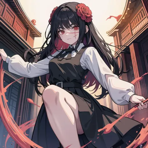 (masterpiece), 1girl, yoru, red eyes, long sleeves, pinafore dress, skirt, temple, evil comes down <lora:csm_yoru:1>