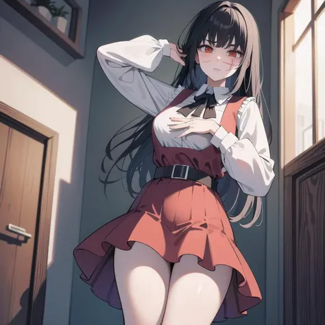 (masterpiece), 1girl, your, red eyes, long sleeves, pinafore dress, covering breasts <lora:csm_yoru:1> <lora:microdress_v0.2:1> <lora:covering_breasts_v0.1:1>