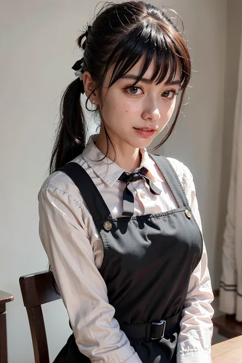 (ultra-detailed, CG ,unity ,8k wallpaper),(masterpiece),(realistic),(photorealistic:1.2),(raw photo:1.2), (best quality:1.2), (detailed face :1.4),(beautiful detailed eyes :1.2),(detailed hair),light on face, huge filesize ,cinematic lighting, 1 girl, japanese girl 18 years old, eyeliner, kawaii, student, long hair, black hair, ((pale skin)), ((ponytail with bangs)), ((awkward smile)),brown eyes, ((medium breast)),((black pinafore dress)), shirt, long sleeves, ((black neck ribbon)), looking at viewer, Depth of field, yoru \(chainsaw man\), (((shy face, embarrassed))), perfect teeth, <lora:csm_yoru-20:0.4>, <lora:nwsjmajic-10:0.3>,