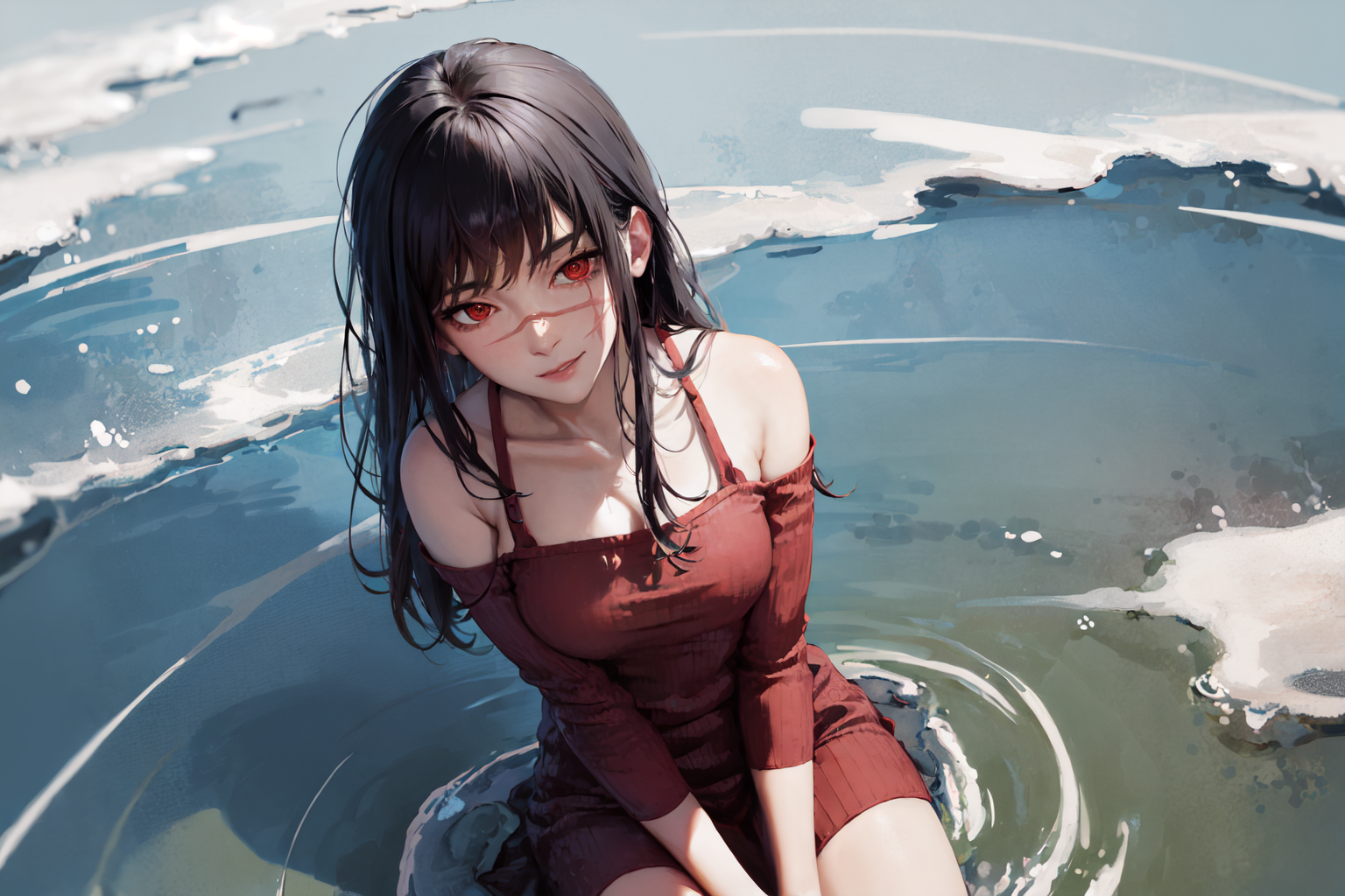 Anime girl sitting in water with a red dress on - SeaArt AI
