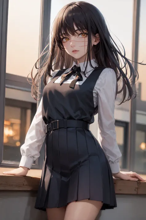 (masterpiece, best quality:1.2), <lora:csm_yoru-10:0.9>, cowboy shot, solo, 1girl, yoru \(chainsaw man\), expressionless, looking at viewer, yellow eyes, school uniform, pinafore dress, shirt, neck ribbon, long sleeves