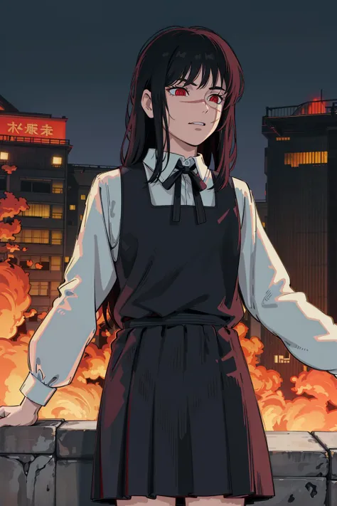 (ultra-detailed, CG ,unity ,8k wallpaper),(masterpiece),(realistic),(photorealistic:1),(raw photo:1), (best quality:1), (detailed face :1),(beautiful detailed eyes :1),(detailed hair),light on face ,cinematic lighting
1 girl,yoru \(chainsaw man\),red eyes,((school uniform, black pinafore dress, shirt, black neck ribbon, long sleeves)),long hair, black hair, (messy hair), (expressionless eyes), perfect teeth,<lora:csm_yoru:1> ,<lora:GoodHands-vanilla:0.8>,
(background:tokyo,big fire,conflagration1.6)
<lora:ghibli_style_offset:0.7> <lora:school_outdoors_v0.2:0.9>
pov,facing viewer