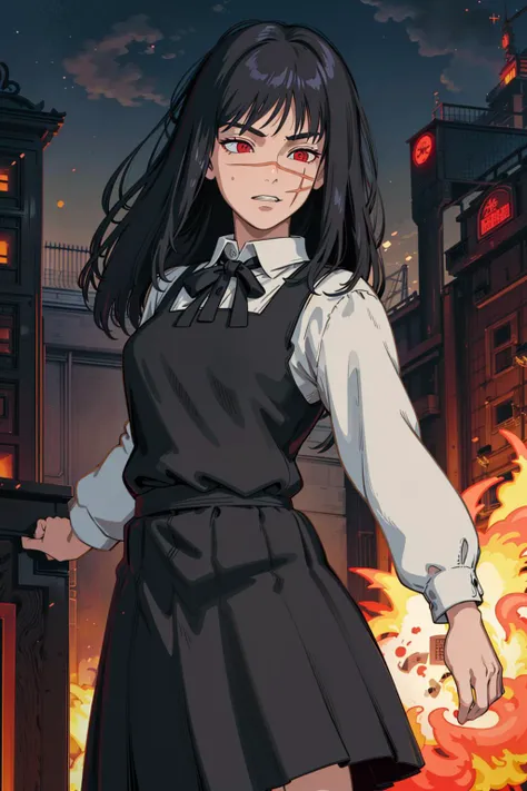 (ultra-detailed, CG ,unity ,8k wallpaper),(masterpiece),(realistic),(photorealistic:1),(raw photo:1), (best quality:1), (detailed face :1),(beautiful detailed eyes :1),(detailed hair),light on face ,cinematic lighting
1 girl,yoru \(chainsaw man\),red eyes,((school uniform, black pinafore dress, shirt, black neck ribbon, long sleeves)),long hair, black hair, (messy hair), (expressionless eyes), perfect teeth,<lora:csm_yoru:1> ,<lora:GoodHands-vanilla:0.8>,
(background:tokyo,big fire,conflagration1.6)
<lora:ghibli_style_offset:0.7> <lora:school_outdoors_v0.2:0.9>
pov,facing viewer
