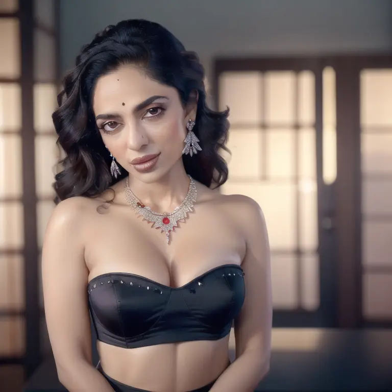 1girl, portrait of SobhitaD, solo, smile, black eyes, jewelry, earrings, breasts, cleavage, necklace, medium_breasts, strapless, volumetric lighting, best quality, masterpiece, intricate details, tonemapping, sharp focus, hyper detailed, realistic <lora:ShoE:1>