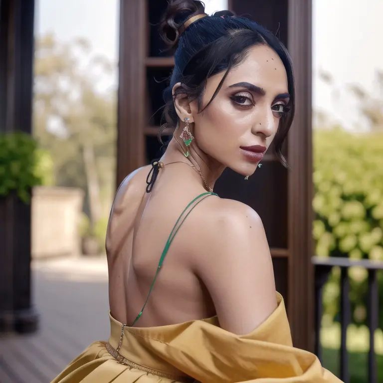1girl, portrait of SobhitaD, solo, jewelry, earrings, looking_at_viewer, blurry, blurry_background, hair_bun, outdoors, skirt volumetric lighting, best quality, masterpiece, intricate details, tonemapping, sharp focus, hyper detailed, realistic <lora:ShoE:0.9>