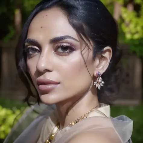 1girl, portrait of SobhitaD, solo, jewelry, earrings, looking_at_viewer, brown_eyes, outdoors, see-through, volumetric lighting, best quality, masterpiece, intricate details, tonemapping, sharp focus, hyper detailed, realistic <lora:ShoE:0.9>