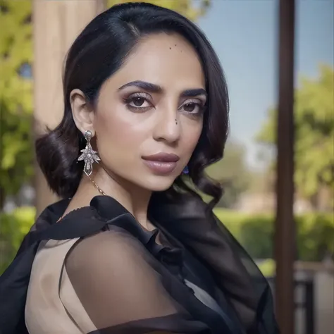 1girl, portrait of SobhitaD, solo, jewelry, earrings, looking_at_viewer, brown_eyes, outdoors, see-through, volumetric lighting, best quality, masterpiece, intricate details, tonemapping, sharp focus, hyper detailed, realistic <lora:ShoE:1>