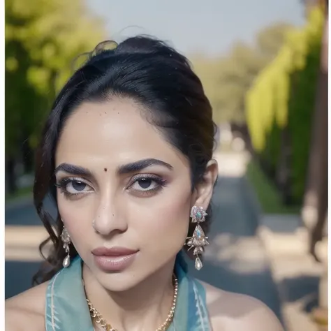 1girl, portrait of SobhitaD, solo, jewelry, earrings, looking_at_viewer, brown_eyes, outdoors, see-through, volumetric lighting, best quality, masterpiece, intricate details, tonemapping, sharp focus, hyper detailed, realistic <lora:ShoE:0.9>