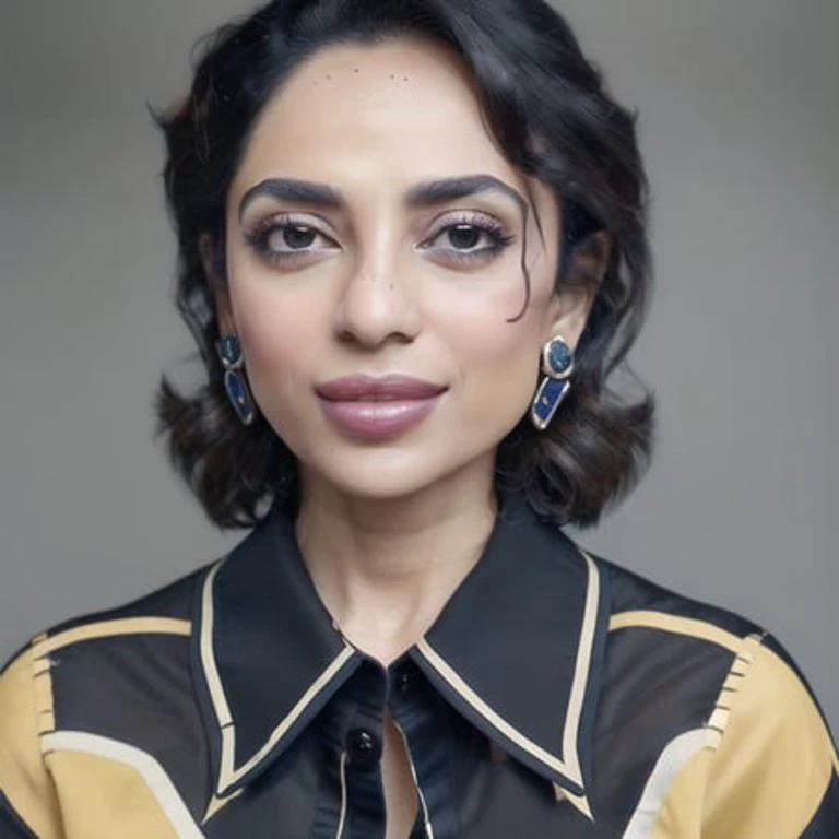 1girl, portrait of SobhitaD, solo, jewelry, earrings, looking_at_viewer, black_eyes, smile, simple_background, grey_background, very_short_hair, volumetric lighting, best quality, masterpiece, intricate details, tonemapping, sharp focus, hyper detailed, realistic <lora:ShoE:1>