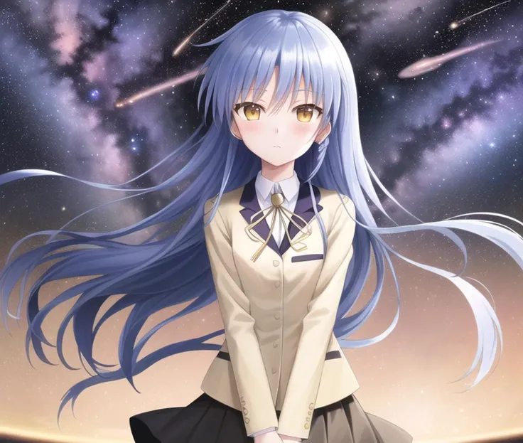 (42_kanade-22000-44000:1.05), 1 (shy:1.2) girl with (endlessly growing absurdly long blue hair:1.5) and and (yellow eyes) small breasts (floating in space:1.4) wearing (serafuku and black skirt:1.1), (blush:1.3), (the milky way in front of body:1.4)
{masterpiece}, {{best quality, super fine illustration}}, {very delicate light, perfect and delicate limbs}, (an extremely delicate and beautiful girl), dynamic angle, (staring blankly, lovely big eyes), beautiful detailed eyes, (absurdres, incredibly absurdres, illustration, ultra-detailed),, blighting stars, 
solo, high quality, CG, wallpaper, anime girl, long hair, (hair between eyes), (very long bangs between eyes), dense hair, cute face, two legs, detailed hair, (very detailed hair), (beautiful eyes), (floating in space:1.4), (full body:1.0), (the milky way in front of body:1.4)