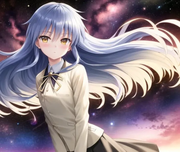 (42_kanade-22000-44000:1.05), 1 (shy:1.2) girl with (endlessly growing absurdly long blue hair:1.5) and and (yellow eyes) small breasts (floating in space:1.4) wearing (serafuku and black skirt:1.1), (blush:1.3), (the milky way in front of body:1.4)
{masterpiece}, {{best quality, super fine illustration}}, {very delicate light, perfect and delicate limbs}, (an extremely delicate and beautiful girl), dynamic angle, (staring blankly, lovely big eyes), beautiful detailed eyes, (absurdres, incredibly absurdres, illustration, ultra-detailed),, blighting stars, 
solo, high quality, CG, wallpaper, anime girl, long hair, (hair between eyes), (very long bangs between eyes), dense hair, cute face, two legs, detailed hair, (very detailed hair), (beautiful eyes), (floating in space:1.4), (full body:1.0), (the milky way in front of body:1.4)