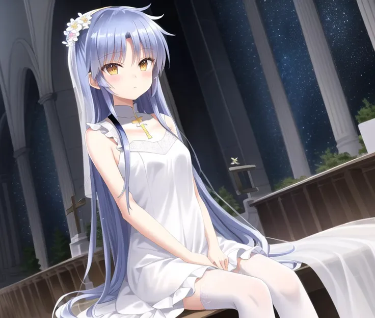 {{{masterpiece}}}, {{best quality, super fine illustration}}, ((dense hair)),  ((beautiful eyes)),{very delicate light, perfect and delicate limbs}, {{ fine luminescence ,very fine 8K CG wallpaper}}, ((an extremely delicate and beautiful girl)), dynamic angle, (staring blankly, lovely big eyes), beautiful detailed eyes, (absurdres, incredibly absurdres, illustration, ultra-detailed),
(42_kanade-22000-44000:1.15), solo, (starry sky adorns:1.3) 1 (bride:1.4) (sitting in detailed church and wedding:1.5) (wearing black legwear and white legwear:1.3) and (frilled wedding dress and hair flower and wearing a cross:1.5) and (absurdly long endless blue hair:1.7), ((starry tornado:1) and starry Nebula and (galaxy:1) through the windows:1.0), (yellow eyes:1.1),