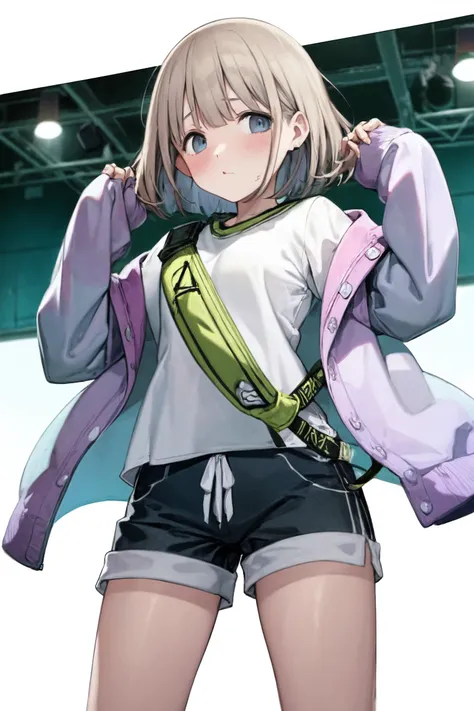 <lora:serizawa asahi_Loha:1>,serizawa asahi, 1girl, solo, fanny pack, blue eyes, white background, simple background, shirt, jacket, blush, white shirt, purple jacket, looking at viewer, bangs, black shorts, long sleeves, shorts, sleeves past wrists, closed mouth, open jacket, bag, open clothes, hands up, cowboy shot, short hair, brown hair, light brown hair, blunt bangs