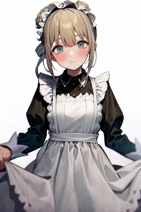 <lora:serizawa asahi_Loha:1>,serizawa asahi, 1girl, solo, maid, apron, maid headdress, white background, blue eyes, looking at viewer, simple background, long sleeves, dress, blush, maid apron, hair bun, braid, puffy sleeves, black dress, juliet sleeves, closed mouth, white apron, single hair bun, bangs, braided bun, frills, frilled apron, hair between eyes, brown hair, blonde hair, skirt hold, collared dress,