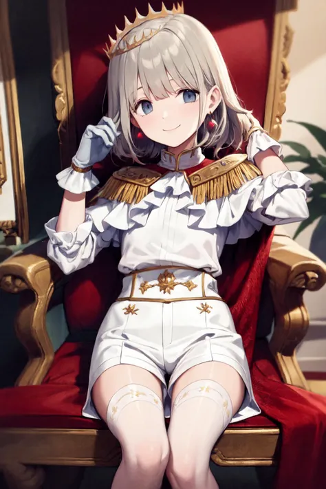 <lora:serizawa asahi_Loha:1>,serizawa asahi, 1girl, solo, jewelry, earrings, gloves, white gloves, sitting, shorts, grey hair, smile, looking at viewer, crown, white shorts, blue eyes, long sleeves, medium hair, white shirt, shirt, bangs, thighhighs, grey eyes, frills, chair, feet out of frame, fur trim, cape, capelet, epaulettes, hand in own hair, closed mouth