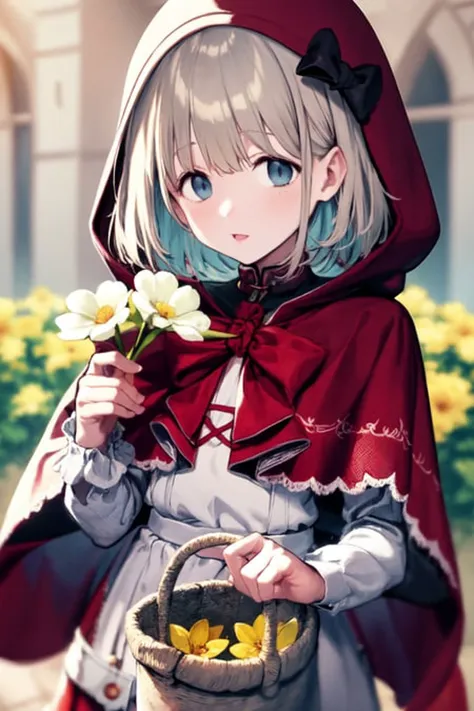 <lora:serizawa asahi_Loha:1>,serizawa asahi, 1girl, flower, solo, basket, little red riding hood (grimm), holding flower, little red riding hood (grimm) (cosplay), hood, holding, looking at viewer, long sleeves, blue eyes, blurry, red capelet, dress, cosplay, bangs, hood up, red hood, holding basket, blurry background, capelet, frills, short hair, depth of field, orange flower, yellow flower