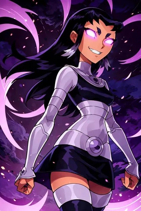 ((masterpiece,best quality)), absurdres,
<lora:Blackfire_DC:0.8>, Blackfire_DC, 
1girl, solo, dark skin, 
upper body, grin, glowing, glowing eyes, no pupils, clenched fist, 
black top, long sleeves, bodysuit, black skirt, silver thighhighs,  
solo, smile, looking at viewer, cowboy shot,