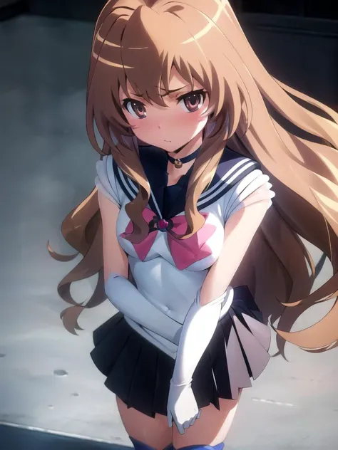 masterpiece, best quality, detailed, 1girl, solo, looking  at viewer, from above, windy, walking, sad, pout, hands down, thighhighs,(night sky background:1.0),  sailor moon outfit, <lora:Sailor Moon Outfit:0.9>,, taiga aisaka, <lora:taiga-toradora:1>,