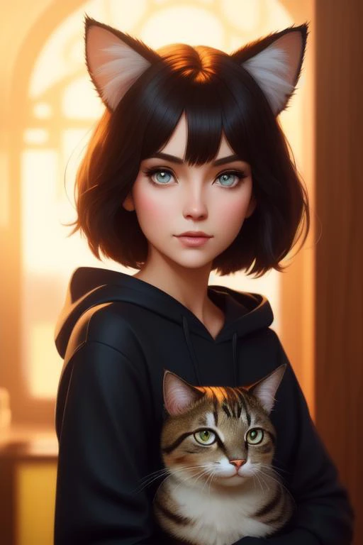 A cute girl with cat ears and a cute fluffy cat with big eyes, cat ears, clear eyes, short black bob cut, pale dress, hoodie, portrait, digital painting, artstation, concept art, smooth, sharp focus, illustration, cinematic lighting, art by artgerm and greg rutkowski alphonse mucha, heavily influenced ruan jia rutkowski, natural tpose