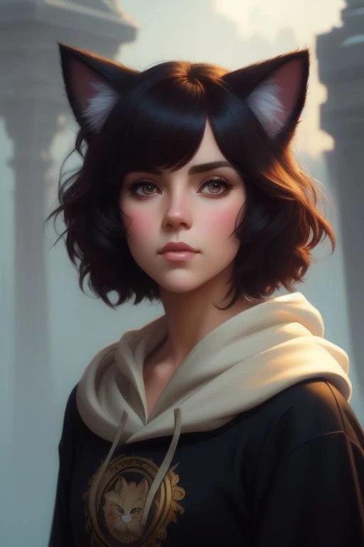 cute fluffy cat with big eyes, ears, short black bob cut, pale dress, hoodie, portrait, digital painting, artstation, concept art, smooth, sharp focus, illustration, cinematic lighting, art by artgerm and greg rutkowski alphonse mucha, heavily influenced ruan jia rutkowski, natural tpose