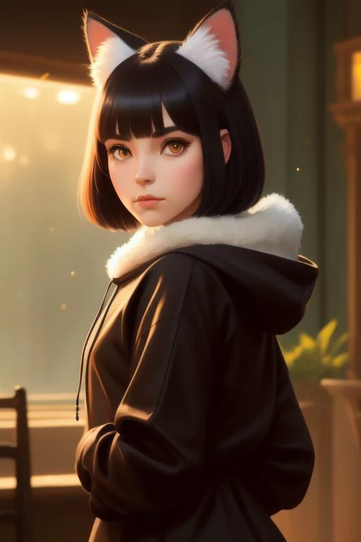 A cute girl with cat ears and a cute fluffy cat with big eyes, cat ears, clear eyes, short black bob cut, pale dress, hoodie, portrait, digital painting, artstation, concept art, smooth, sharp focus, illustration, cinematic lighting, art by artgerm and greg rutkowski alphonse mucha, heavily influenced ruan jia rutkowski, natural tpose