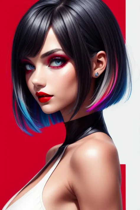 1girl, solo,  upper body, looking at viewer,  white background,  bob cut,  short hair,  multicolored hair,  makeup,  parted lips,  red lips,  eyeliner, <lora:EMS-179-EMS:0.800000>