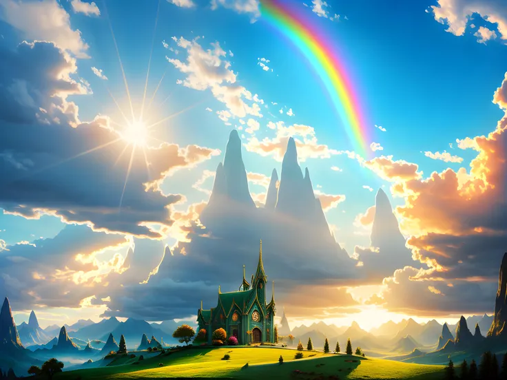 fantasy, rainbow valley, (elven village)++, hyperrealistic, beautiful, 32k, uhd, 16k+, 64K, best quality, masterpiece, very beautiful, perfectionism, max detail, soft shadows, expressive, perfect, intricate details, sharp focus, ultra detailed, cinematic, movie still, celestial, crystalline, volumetric lighting, caustics, absurdres, natural wonder, expressive, nice looking, dramatic, atmospheric, HDR, amazing detail, Otherworldly, dreamy, aesthetic, ethereal, ultra high resolution, Sunlight, Crepuscular rays, Techniscope, creationmagic, ethereal creation, particles stream <lora:nlc_blue:0.75><lora:CreationMagic-21:0.25><lora:Ghibli_v4:0.5>