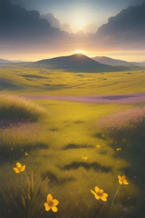 night, grassland with flowers, small hill in the distance, quiet, no person, firefly, ultra HD, realistic, vivid colors, highly detailed, UHD drawing, pen and ink, perfect composition, beautiful detailed intricate insanely detailed octane render trending on artstation, 8k artistic photography, photorealistic concept art, soft natural volumetric cinematic perfect light