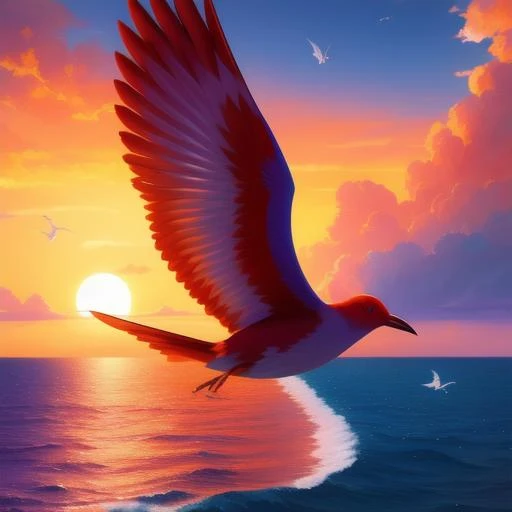 A sunset over the ocean with birds flying in the sky, a painting, by RHADS, in an anime, ios icon, mtg card, in this painting, water texture, early dawn, hearthstone official splash art, the artist has used bright, in forecasted sky Artgerm, masterpiece, highly detailed, elegant, intricate, Unreal engine, trending on Artstation, UHD image