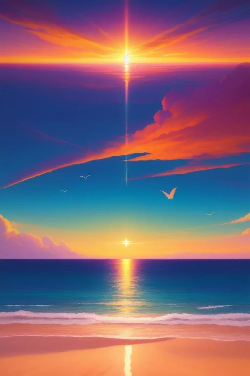 A sunset over the ocean with birds flying in the sky, a painting, by RHADS, in an anime, ios icon, mtg card, in this painting, water texture, early dawn, hearthstone official splash art, the artist has used bright, in forecasted sky Artgerm, masterpiece, highly detailed, elegant, intricate, Unreal engine, trending on Artstation, UHD image