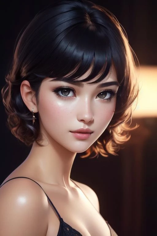 (RAW photo, best quality), (realistic, photo-realistic:1.2), 1girl, high quality, (high detailed skin:1.4), puffy eyes, gorgeous hair, <lora:epiNoiseoffset_v2:1.8>, (dark room:1.3), (rim lighting:1.3), (dimly lit:1.3), (dark night:1.3), indoors, portrait, black hair, dark background, short hair,