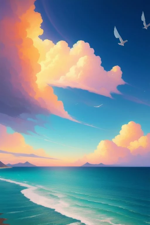 A sunset over the ocean with birds flying in the sky, a painting, by RHADS, in an anime, ios icon, mtg card, in this painting, water texture, early dawn, hearthstone official splash art, the artist has used bright, in forecasted sky Artgerm, masterpiece, highly detailed, elegant, intricate, Unreal engine, trending on Artstation, UHD image