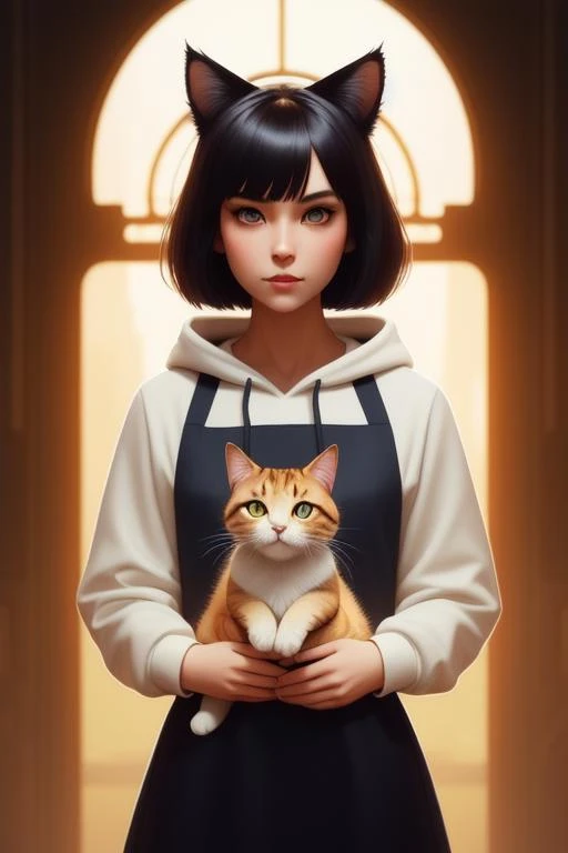 A cute girl with cat ears and a cute fluffy cat with big eyes, cat ears, clear eyes, short black bob cut, pale dress, hoodie, portrait, digital painting, artstation, concept art, smooth, sharp focus, illustration, cinematic lighting, art by artgerm and greg rutkowski alphonse mucha, heavily influenced ruan jia rutkowski, natural tpose