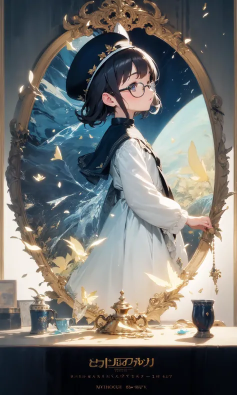 (8K wallpaper), (best quality,ultra-detailed,illustration),Profile card,Role introduction interface,mirror,Many mirrors,Many pieces of broken glass,Specular reflection,Mirror reflection,
double exposure, fussion of Fluid abstract art,(2D),(Original illustration composition), (Maximalism artstyle,Geometric artstyle) ,((Classic decorative border)),(Gold and dark blue are the main colors:1.2),(Themes of dreams and fairy tales),Dreamy starry sky,
((solo)),(child),(petite),
robe,twintails,Short hair, highlights, glasses,Beret for women,
School of Magic,(classically styled classrooms), churches, (classically styled desks), books,
Tea cups, flowers, vases, sundries, fruit bowls,Fluttering petals,