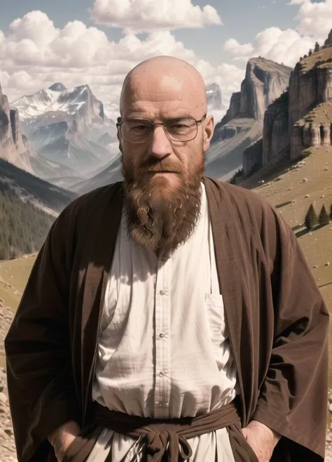A stunning intricate full colour upper body photo of a man, wearing glasses, (old, long beard, wearing robes, up in the mountains, walking stick), bald,
epic character composition,
by ilya kuvshinov, alessio albi, nina masic,
sharp focus, natural lighting, subsurface scattering, f2, 35mm, film grain <lora:Walter White:0.9>