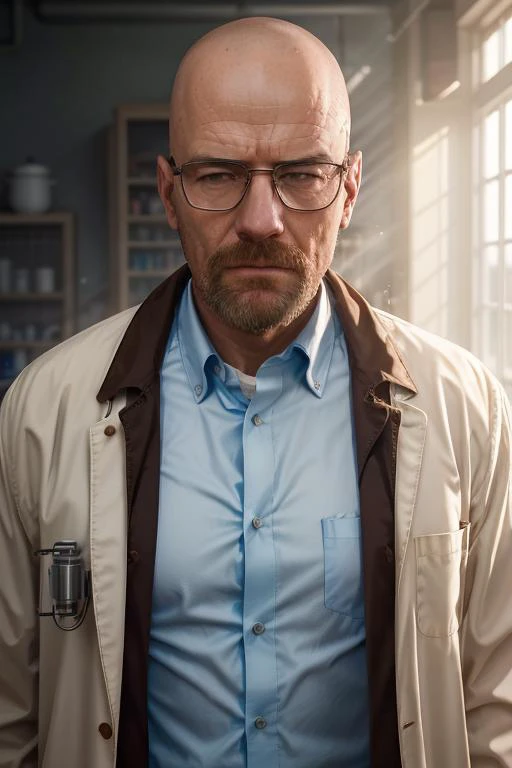 A stunning intricate full colour upper body photo of man wearing glasses, (wearing a lab coat), bald, epic character composition, by ilya kuvshinov, alessio albi, nina masic, sharp focus, natural lighting, subsurface scattering, f2, 35mm, film grain <lora:Walter White:0.8>  <lora:lit:0.3>