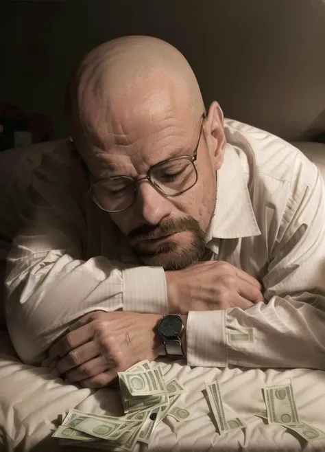 A stunning photo of a man, wearing glasses, ((sleeping on a bed of money)), eyes closed,
epic character composition,
by ilya kuvshinov, alessio albi, nina masic,
sharp focus, natural lighting, subsurface scattering, f2, 35mm, film grain <lora:Walter White:0.9>