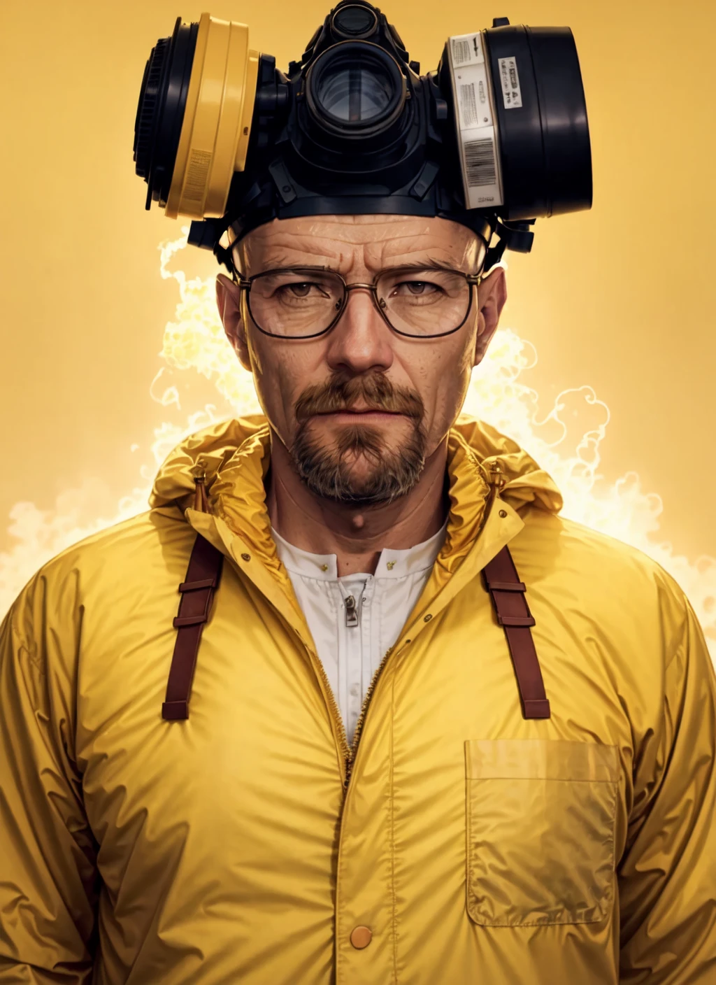 A stunning intricate full colour upper body photo of man wearing glasses, (wearing a yellow lab coat and a gas mask on the head), bald,
epic character composition,
by ilya kuvshinov, alessio albi, nina masic,
sharp focus, natural lighting, subsurface scattering, f2, 35mm, film grain <lora:Walter White:0.8>