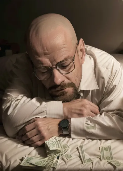 A stunning photo of a man, wearing glasses, ((sleeping on a bed of money)), eyes closed,
epic character composition,
by ilya kuvshinov, alessio albi, nina masic,
sharp focus, natural lighting, subsurface scattering, f2, 35mm, film grain <lora:Walter White:0.9>