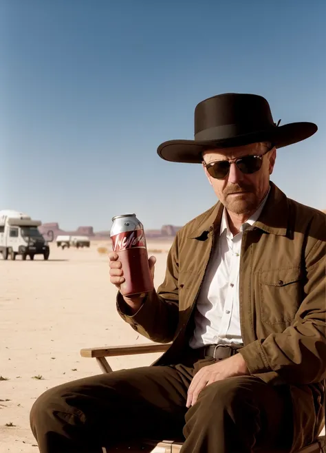 A full body photo of man wearing sunglasses and a hat, sitting on a sun lounger in the middle of the desert, campervan in the background, holding a can of soda,
epic character composition,
by ilya kuvshinov, alessio albi, nina masic,
sharp focus, natural lighting, subsurface scattering, f2, 35mm, film grain <lora:Walter White:0.9>